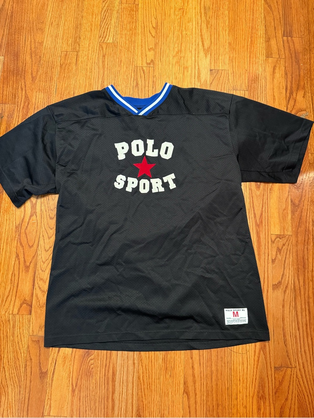 Vintage Polo Sport Ralph Lauren Mesh Jersey Black Blue V-Neck Shirt Mens Medium